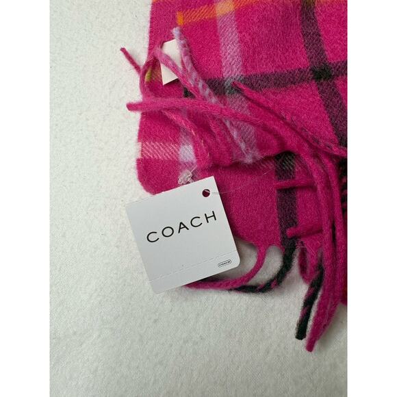 NWT Coach 100% Cashmere Vibrant Pink Plaid Scarf ($178) With Beautiful Fringe - Picture 2 of 3